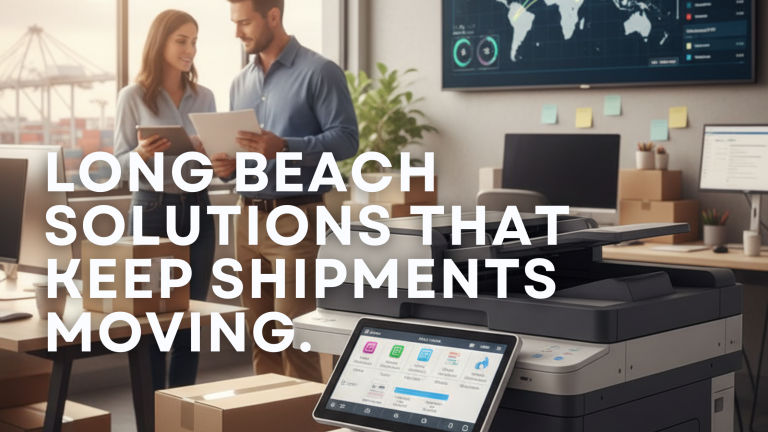 Modern logistics office in Long Beach using leased copier for efficient document management and shipment processing.